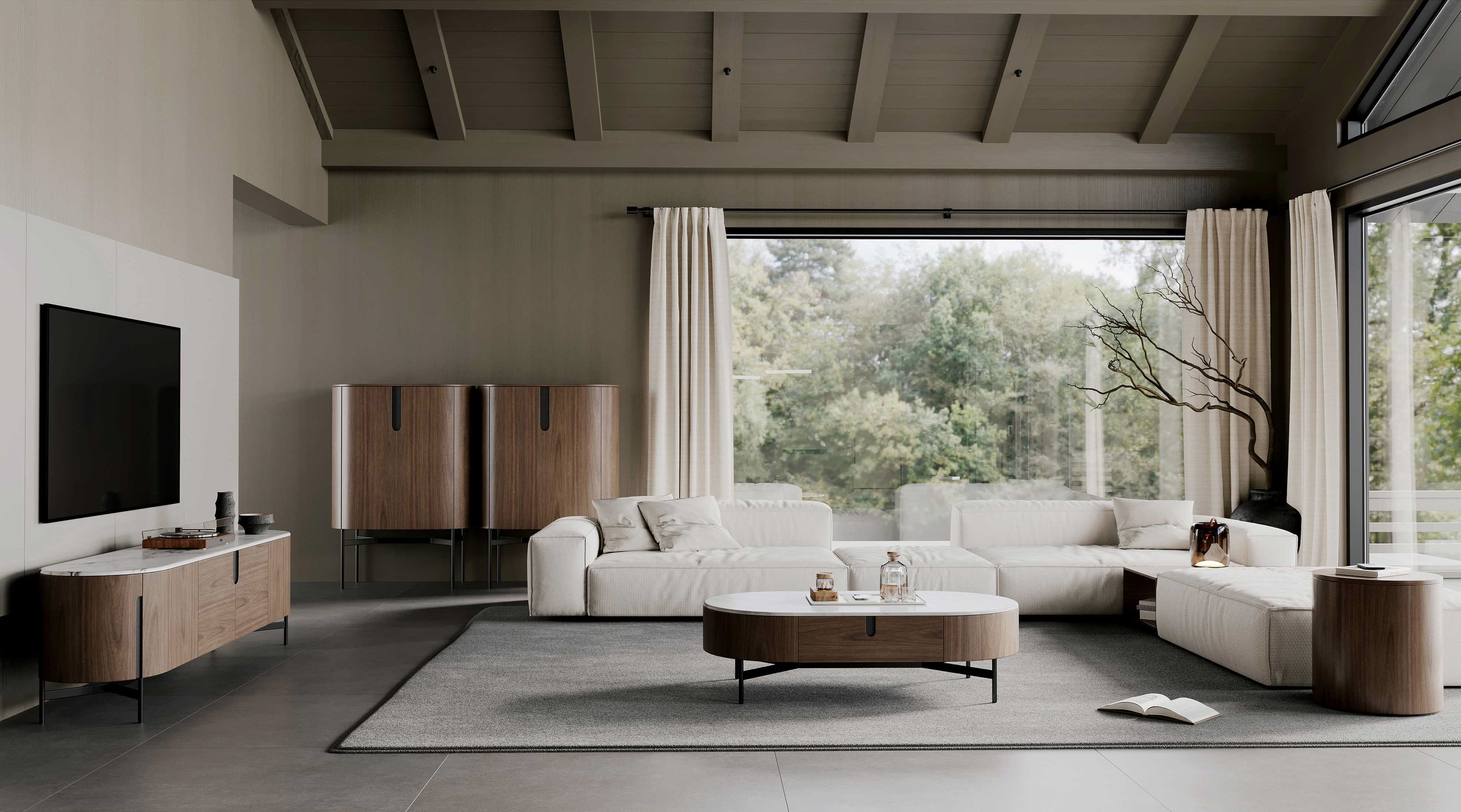 Szafka RTV orzech włoski z białym marmurowym blatem i czarną metalową podstawą, fronty push-to-open