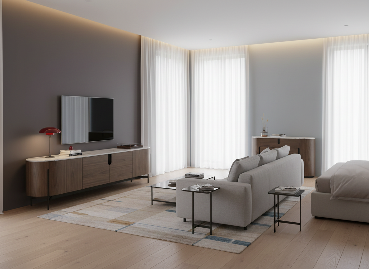 Szafka RTV orzech włoski z białym marmurowym blatem i czarną metalową podstawą, fronty push-to-open