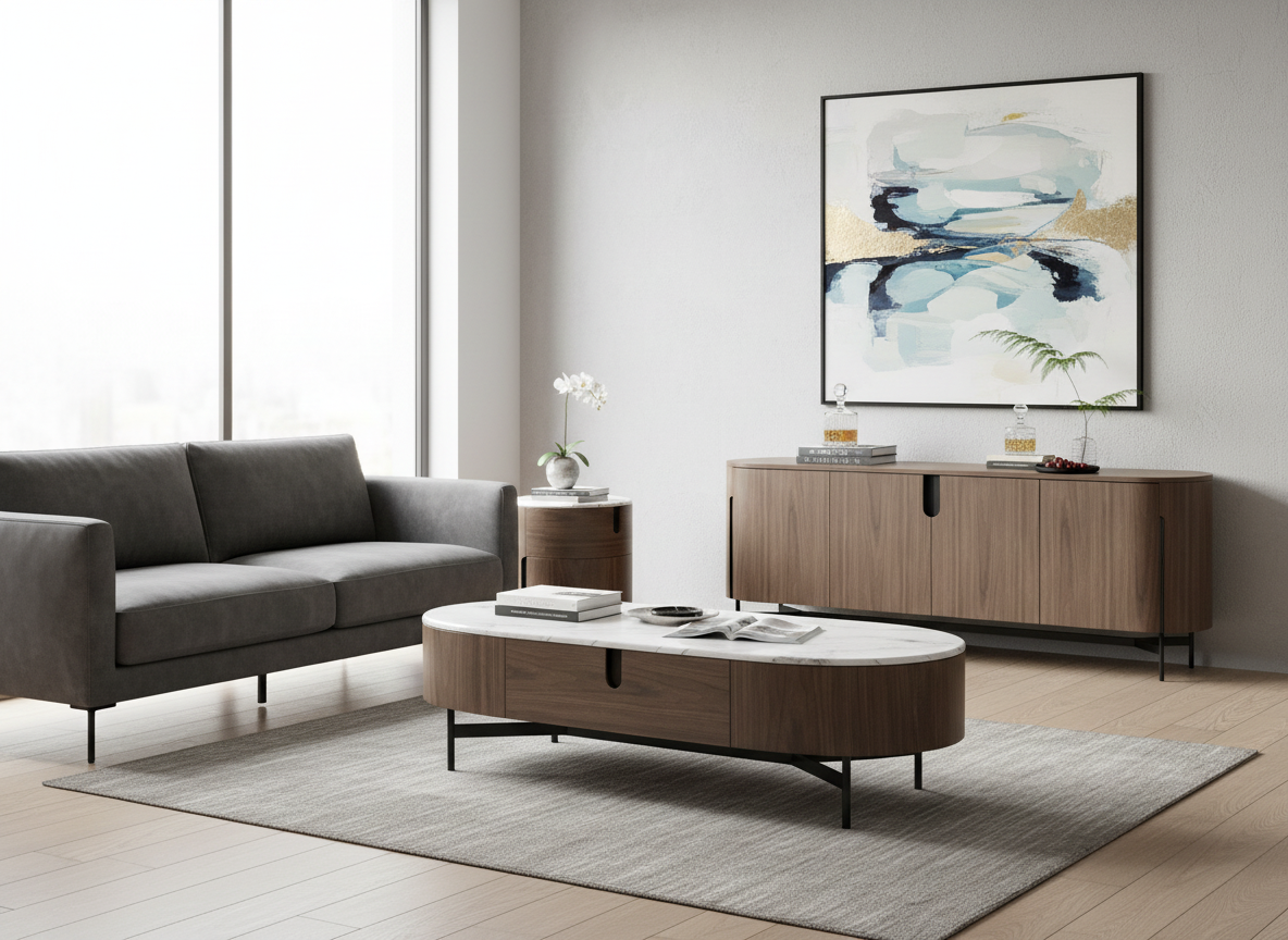 Stolik kawowy orzech włoski z białym marmurowym blatem, czarna metalowa podstawa, zaokrąglone boki.