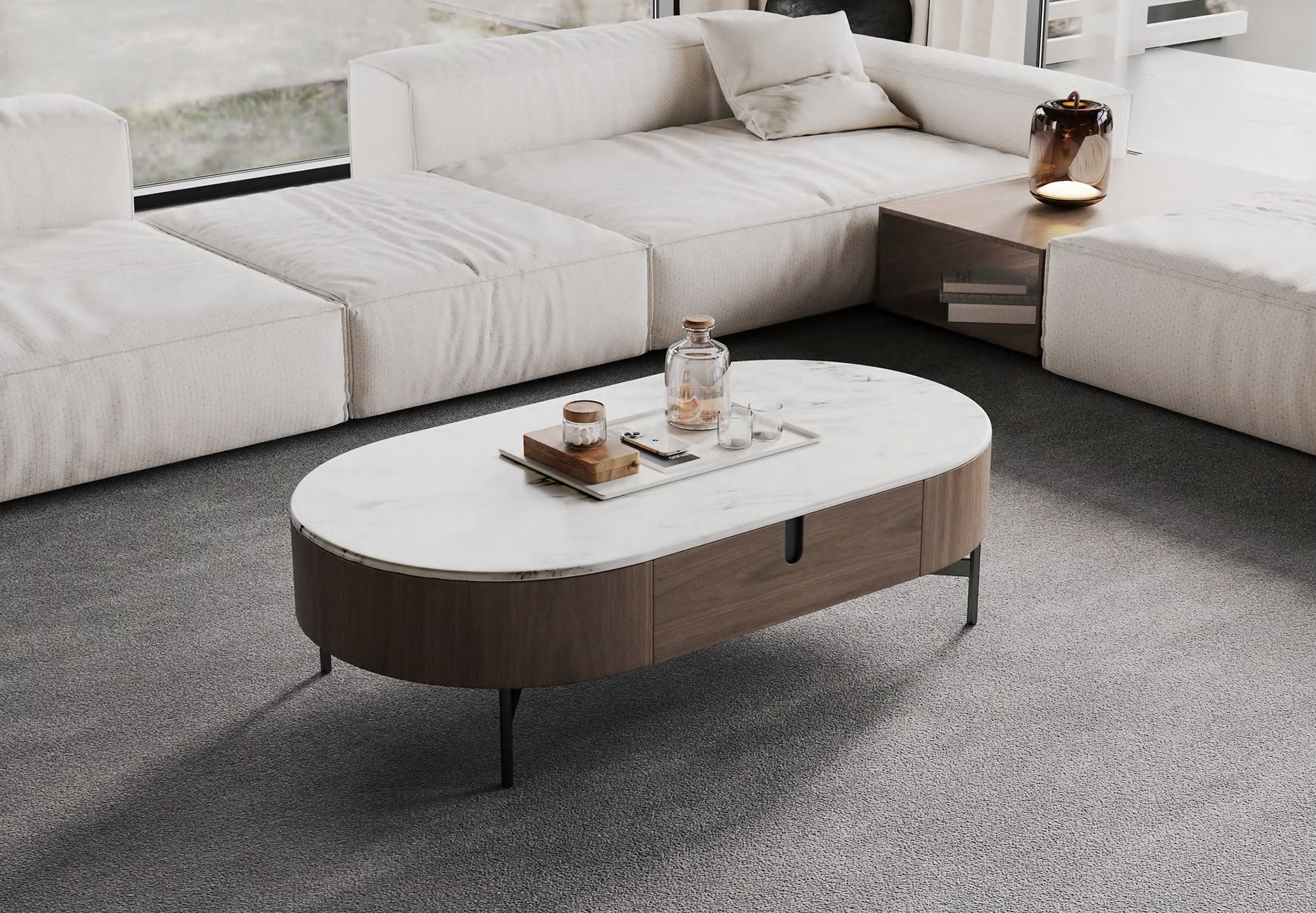 Stolik kawowy orzech włoski z białym marmurowym blatem, czarna metalowa podstawa, zaokrąglone boki.