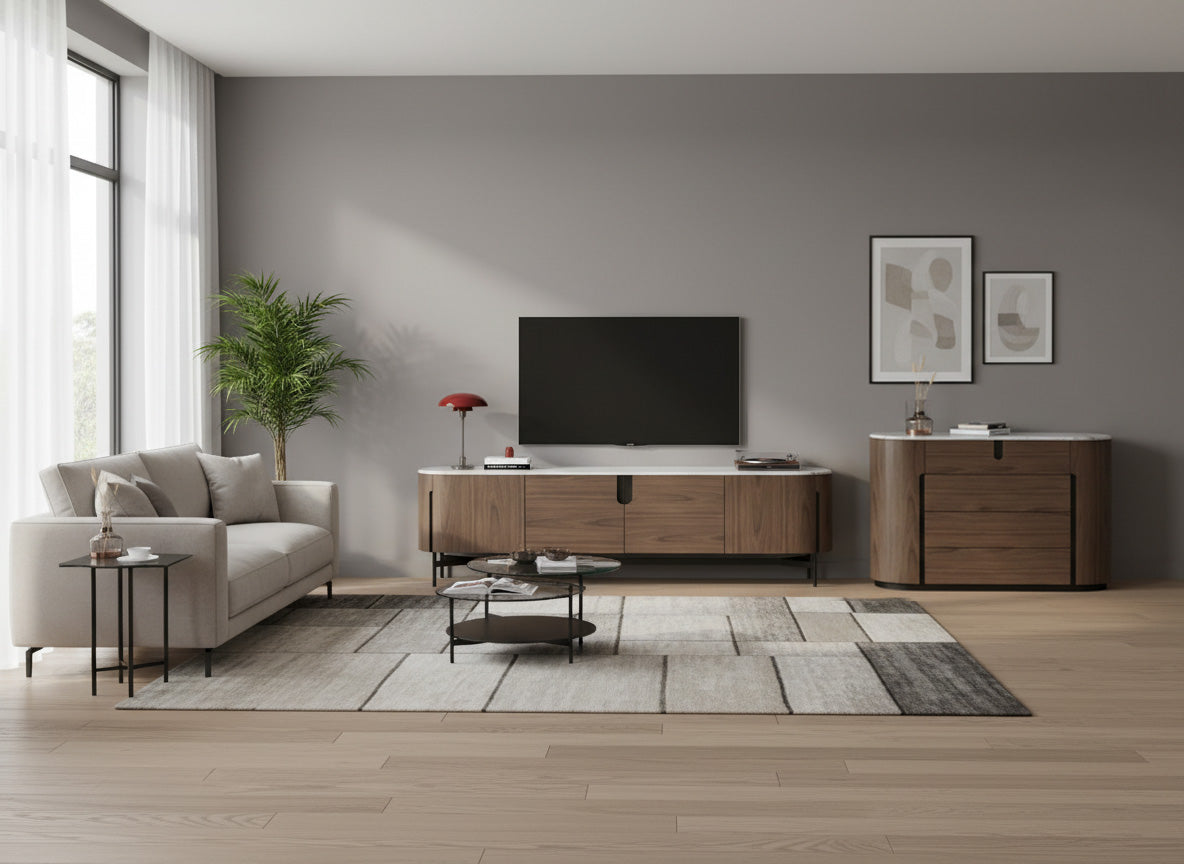 Komoda orzech włoski, czarne akcenty, biały marmurowy blat, 3 szuflady, nowoczesny design