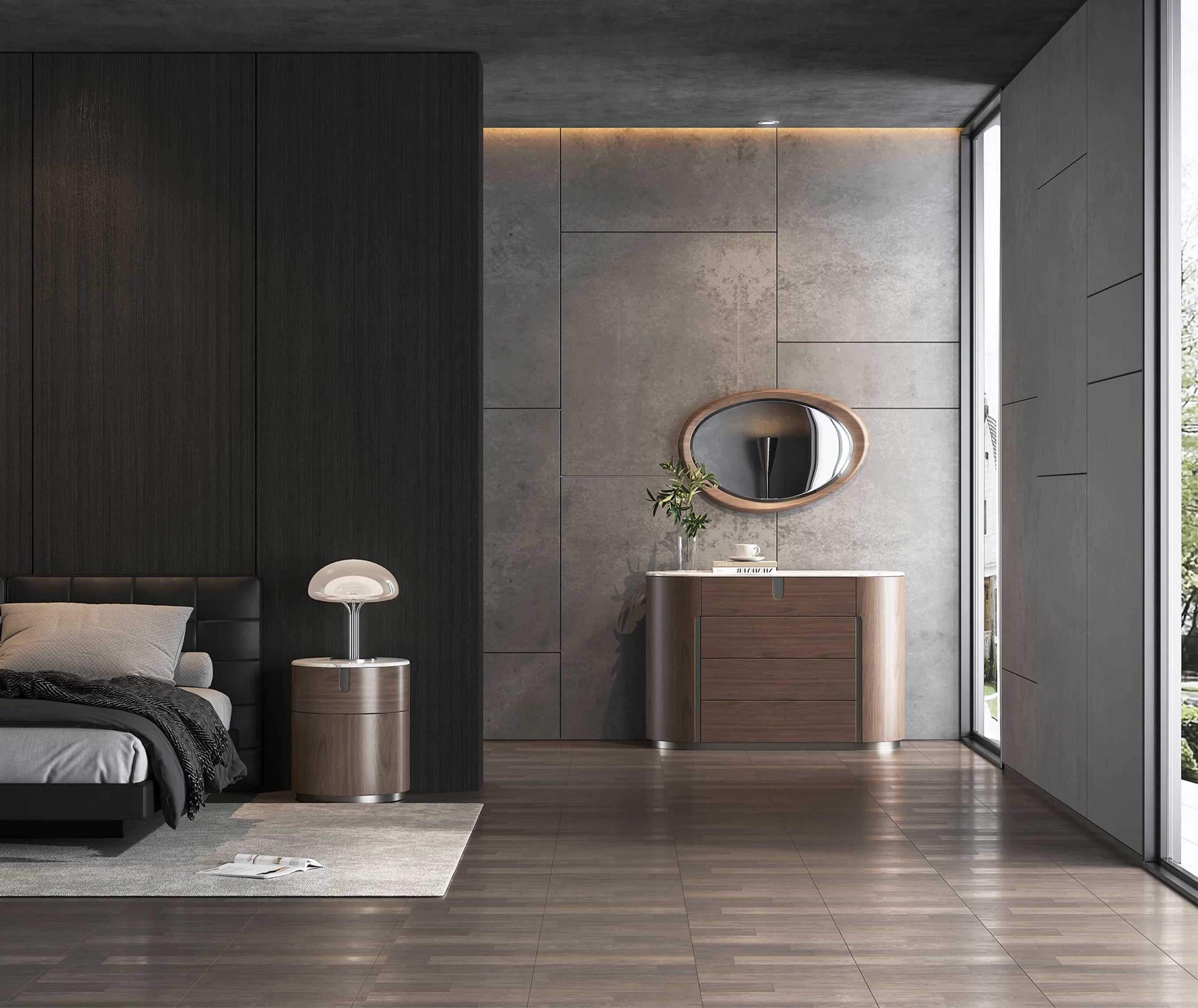 Komoda orzech włoski, czarne akcenty, biały marmurowy blat, 3 szuflady, nowoczesny design