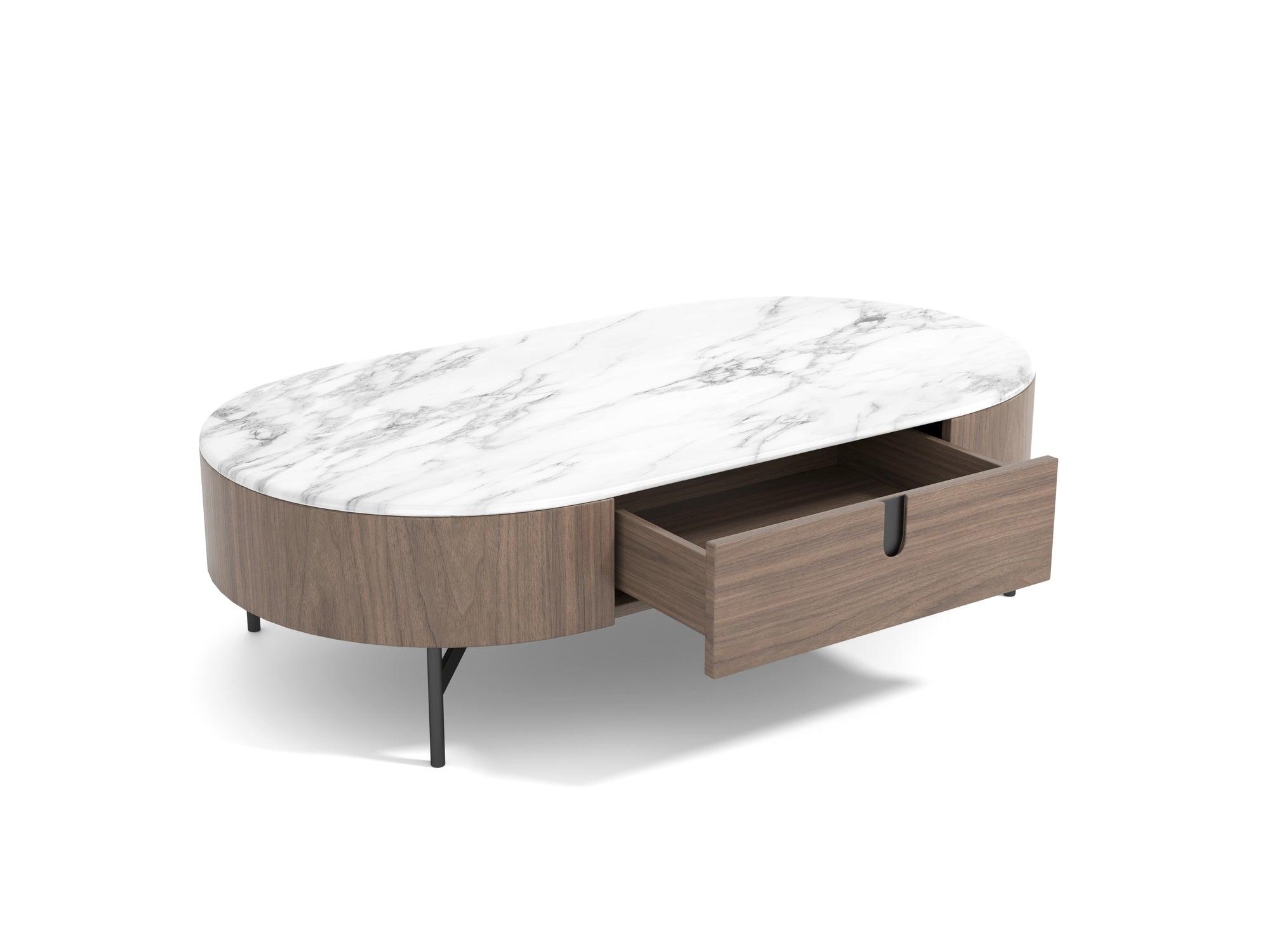 Stolik kawowy orzech włoski z białym marmurowym blatem, czarna metalowa podstawa, zaokrąglone boki.