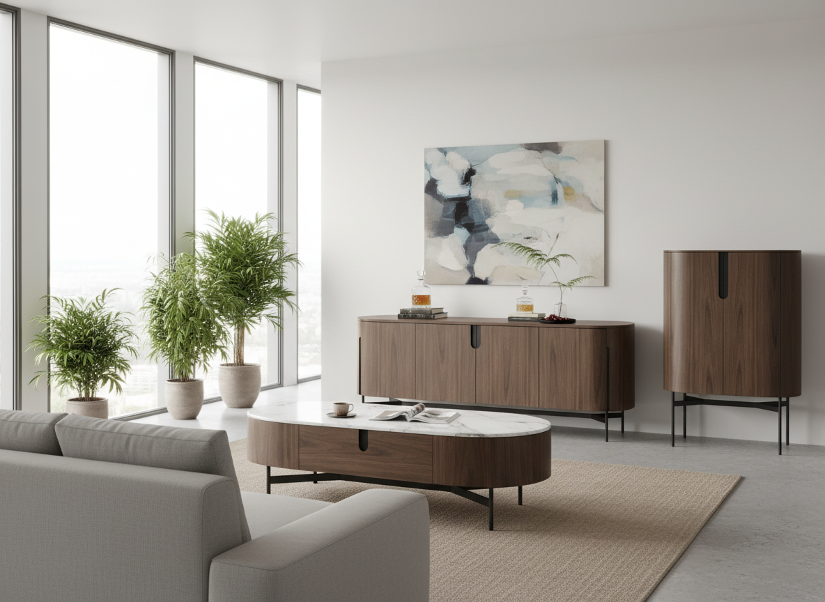 Komoda w okleinie orzecha włoskiego z białym marmurowym blatem, czarną metalową podstawą, frontami push to open