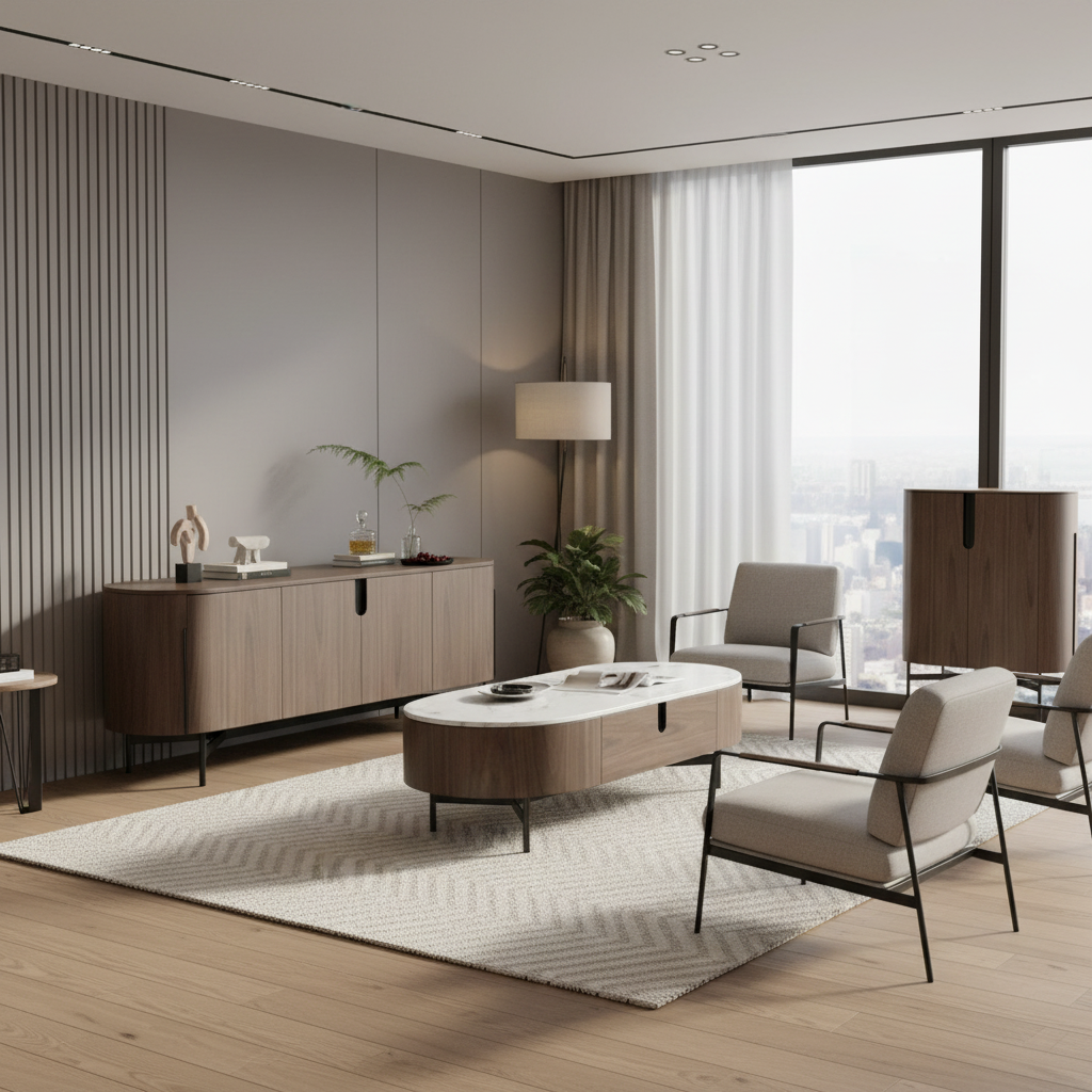 Komoda orzech włoski na czarnej metalowej podstawie, 2 drzwi, 2 półki, zaokrąglone boki, system push-to-open