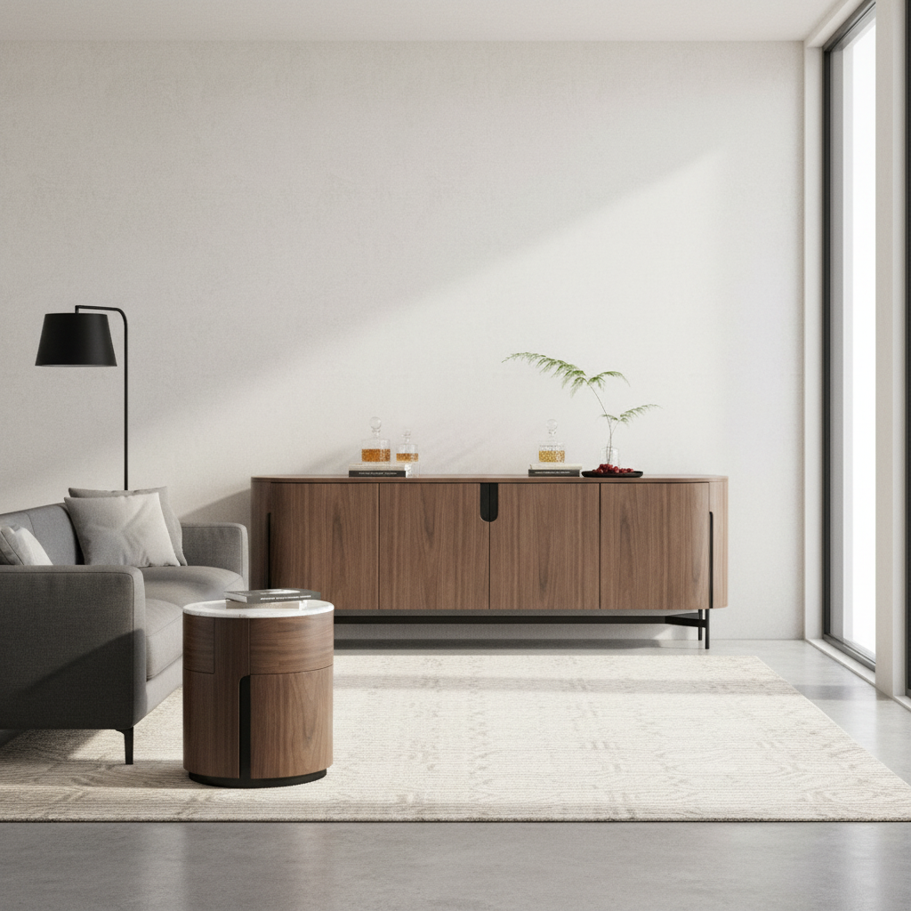 Szafka nocna orzech włoski z białym marmurowym blatem, 1 szuflada push-to-open, czarne metalowe akcenty