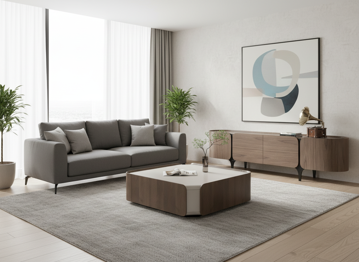 Szafka RTV w kolorze orzecha włoskiego z czarną metalową podstawą i zaokrąglonymi bokami.