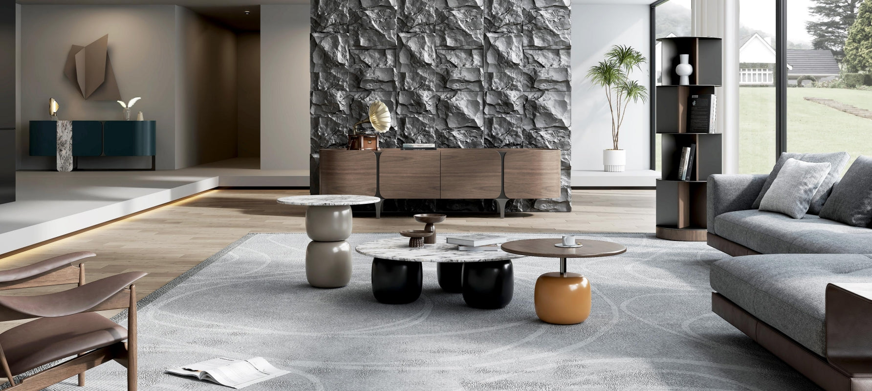 Szafka RTV w kolorze orzecha włoskiego z czarną metalową podstawą i zaokrąglonymi bokami.