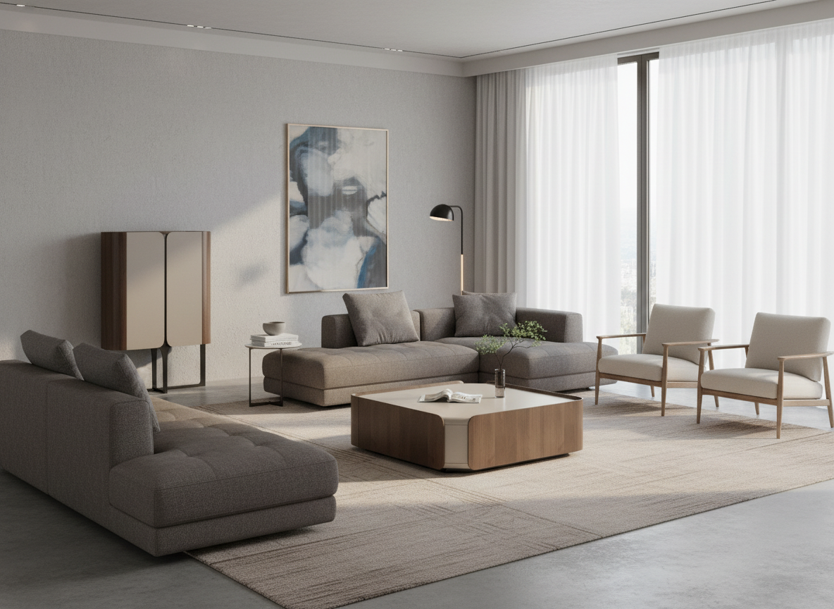 Kwadratowy stolik kawowy w orzechu włoskim z beżowym blatem i zaokrąglonymi narożnikami 