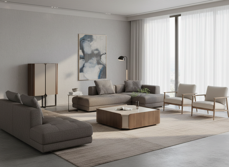 Kwadratowy stolik kawowy w orzechu włoskim z beżowym blatem i zaokrąglonymi narożnikami 