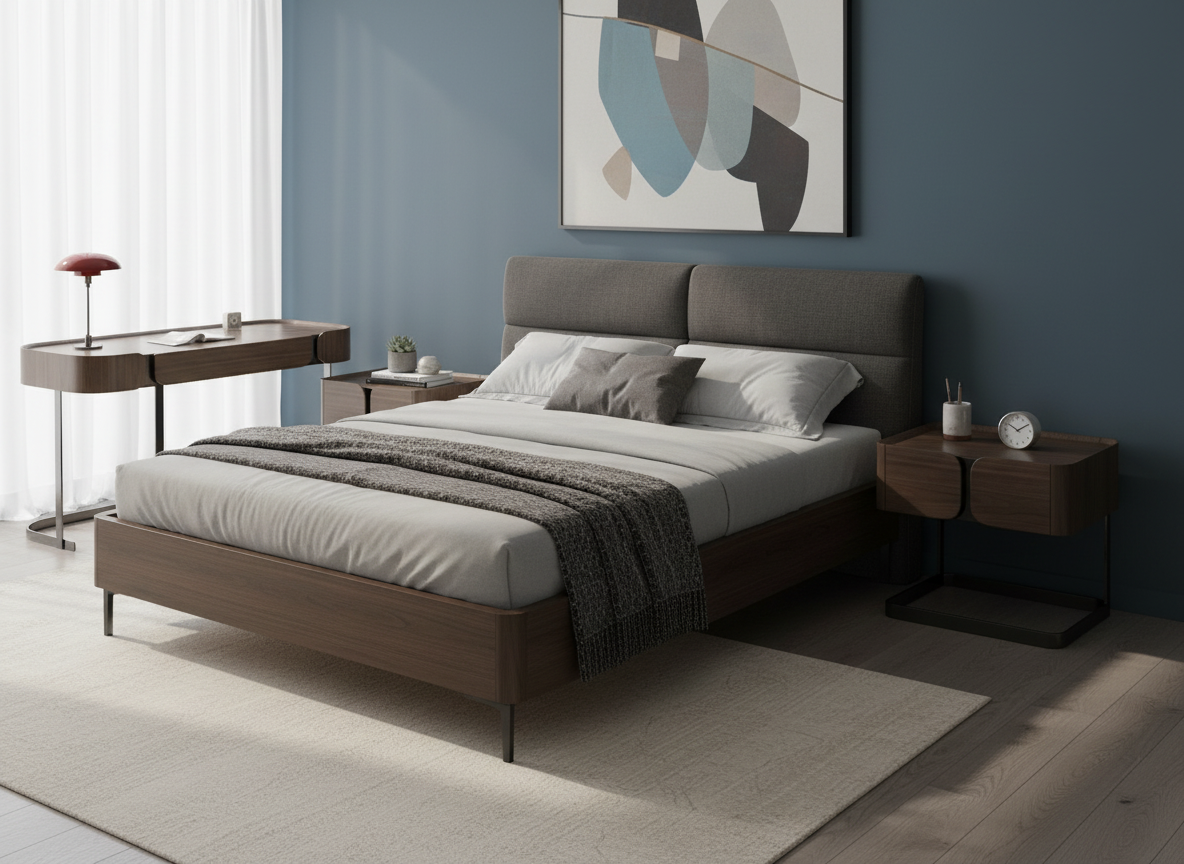 Stolik w okleinie z orzecha włoskiego na czarnej metalowej podstawie, 1 szuflada z frezowanym uchwytem i zaokrąglonymi krawędziami