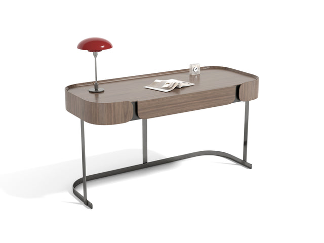 Biurko w okleinie orzech włoski na czarnej stalowej podstawie, z dwoma ukrytymi szufladami 