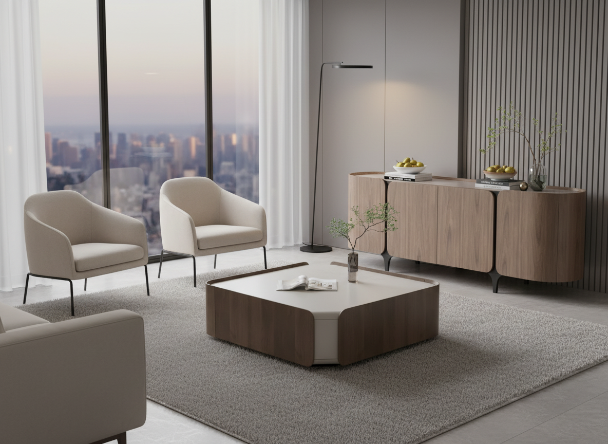 Komoda w kolorze orzecha włoskiego z czarną metalową podstawą, 4 drzwiami i zaokrąglonymi bokami.