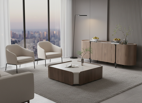 Komoda w kolorze orzecha włoskiego z czarną metalową podstawą, 4 drzwiami i zaokrąglonymi bokami.