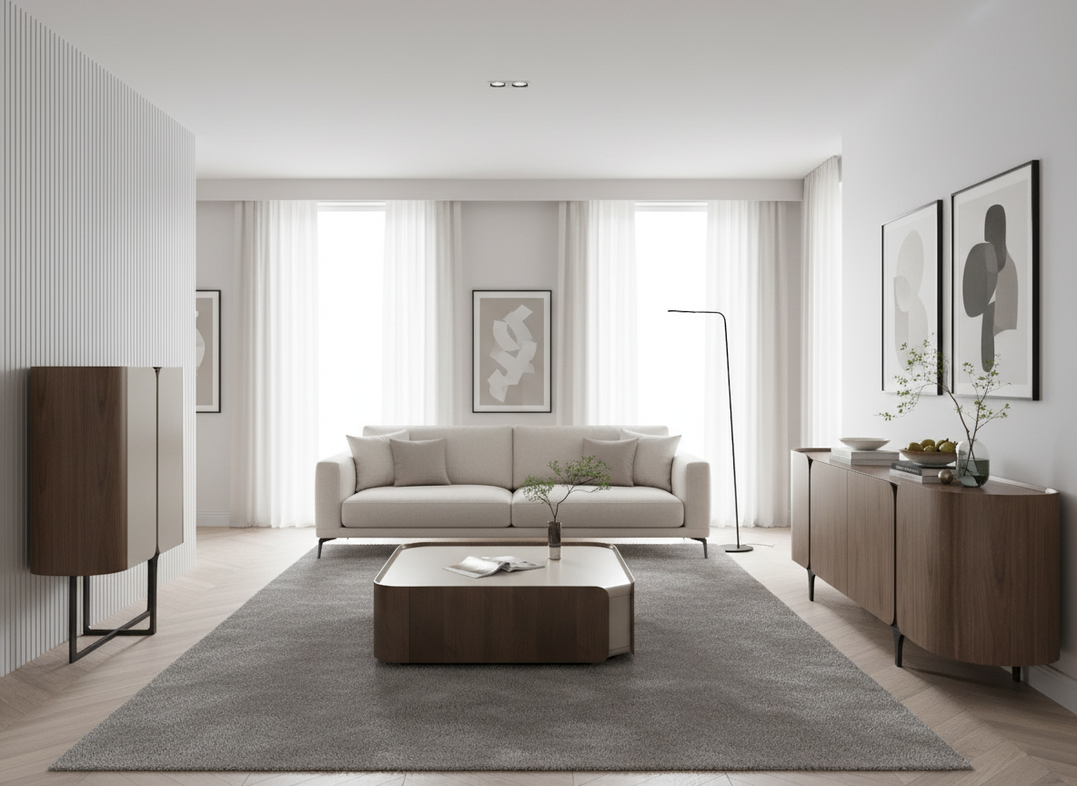 Komoda w kolorze orzecha włoskiego z czarną metalową podstawą, 4 drzwiami i zaokrąglonymi bokami.