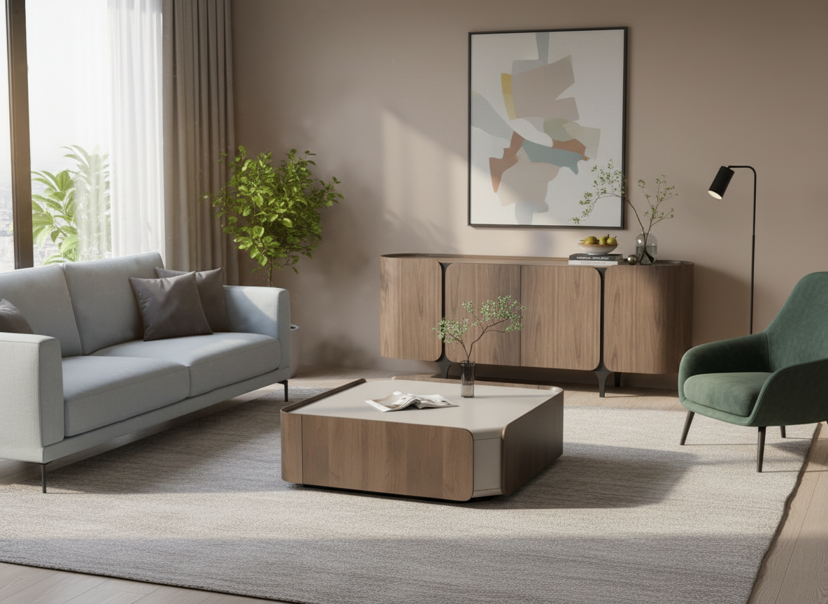 Komoda w kolorze orzecha włoskiego z czarną metalową podstawą, 4 drzwiami i zaokrąglonymi bokami.