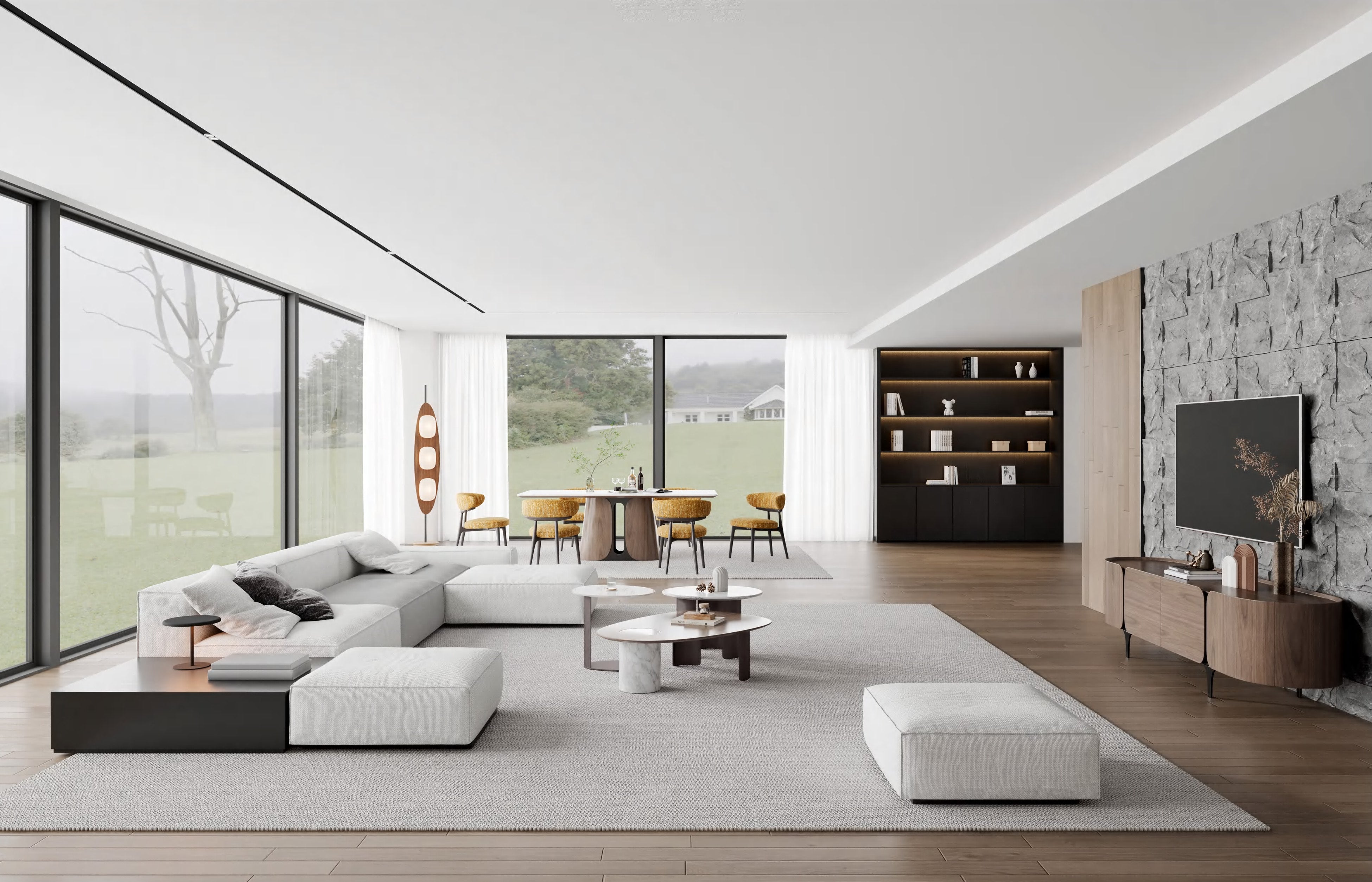 Szafka RTV w kolorze orzecha włoskiego z czarną metalową podstawą i zaokrąglonymi bokami.