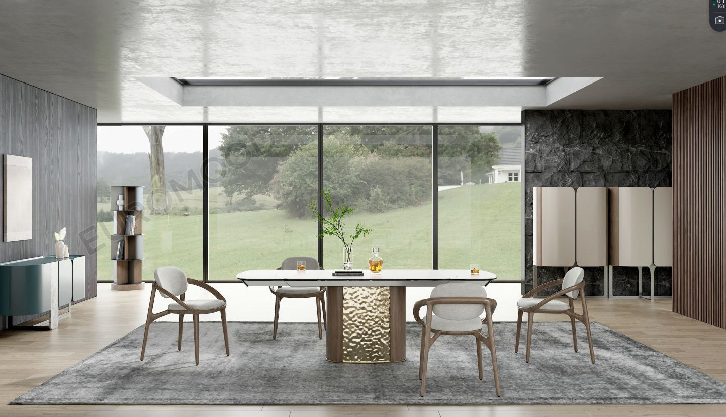 Wysoka komoda w orzechu włoskim z beżowymi frontami na czarnej metalowej podstawie, zaokrąglone boki.