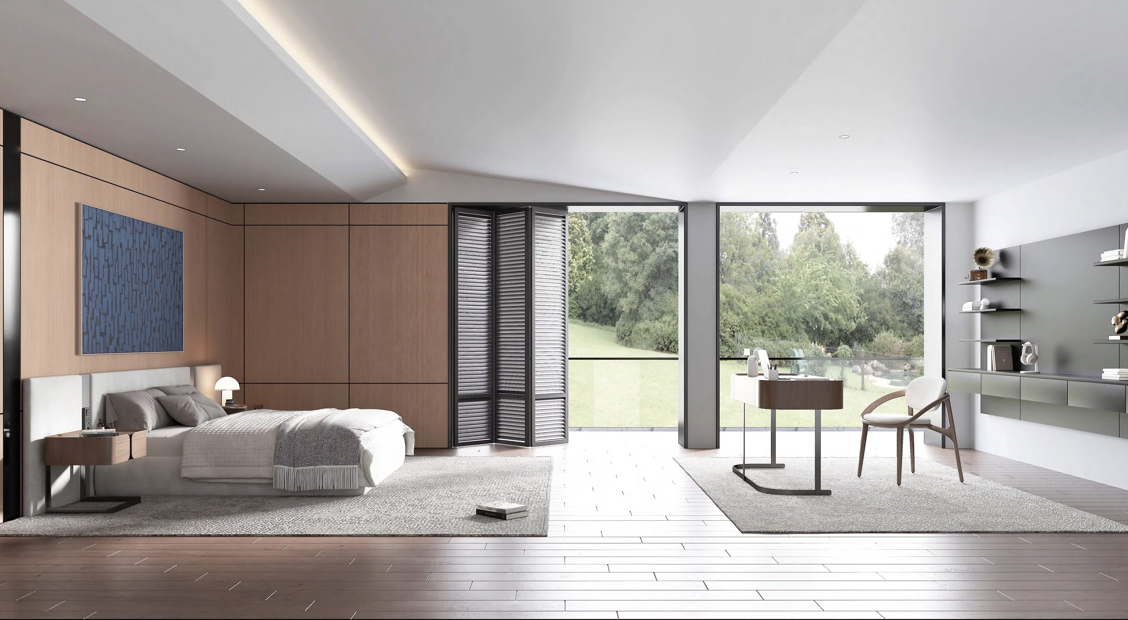 Biurko w okleinie orzech włoski na czarnej stalowej podstawie, z dwoma ukrytymi szufladami 