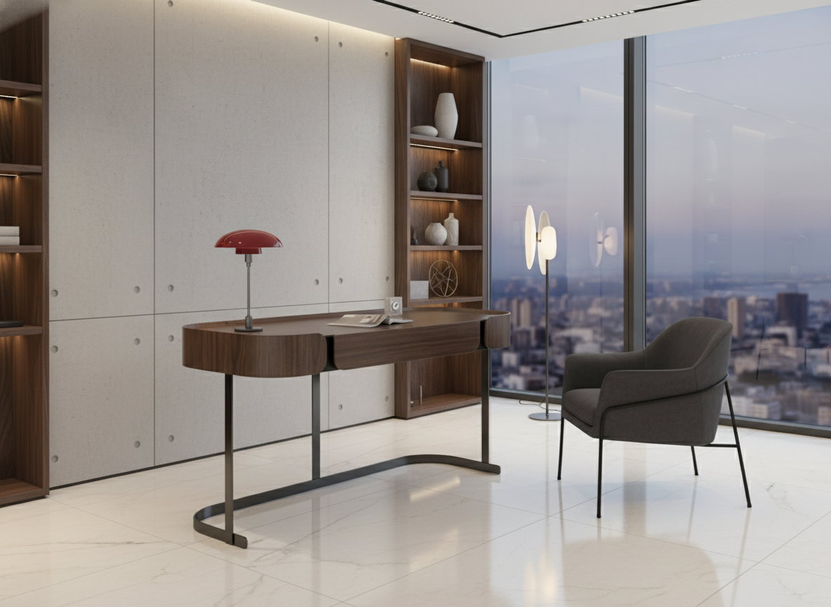 Biurko w okleinie orzech włoski na czarnej stalowej podstawie, z dwoma ukrytymi szufladami 