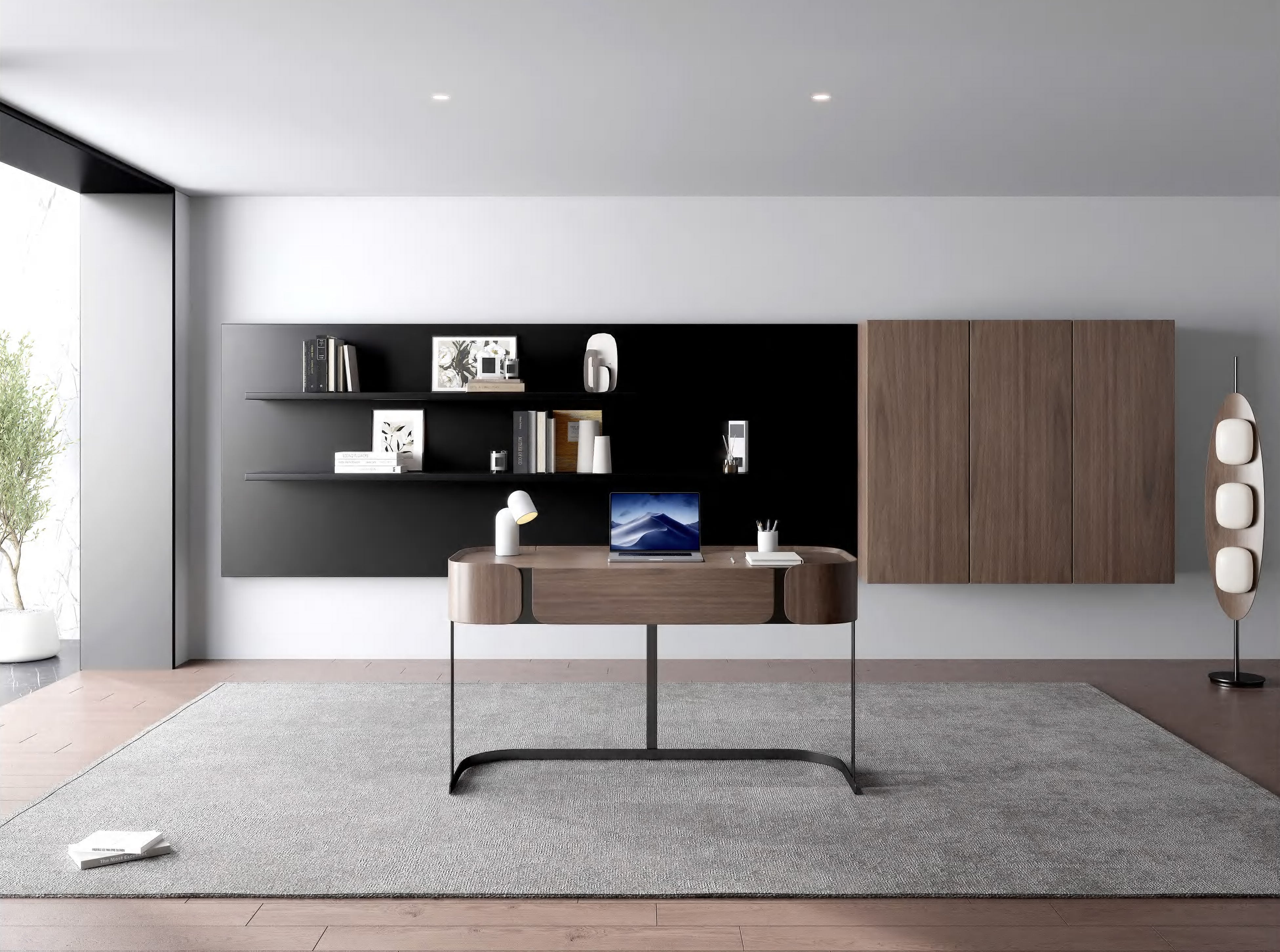 Biurko w okleinie orzech włoski na czarnej stalowej podstawie, z dwoma ukrytymi szufladami 