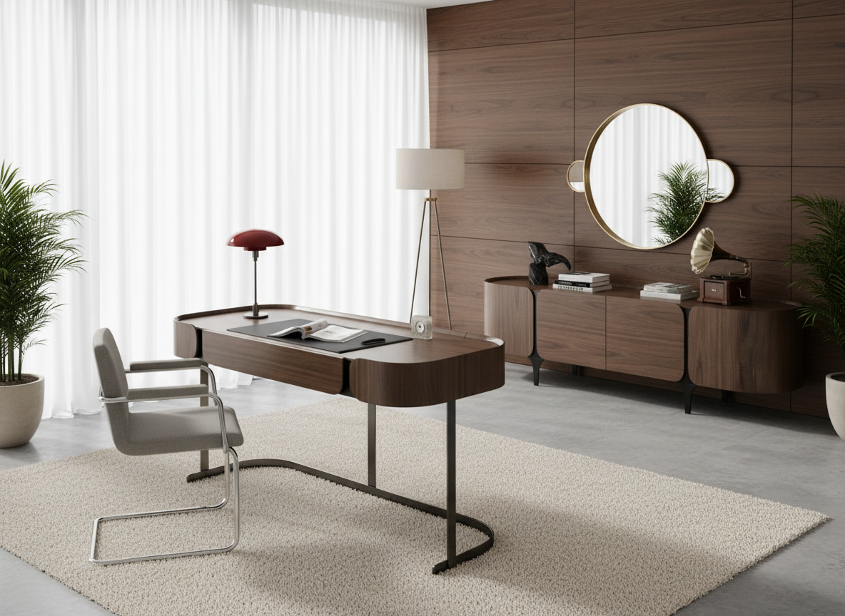 Biurko w okleinie orzech włoski na czarnej stalowej podstawie, z dwoma ukrytymi szufladami 