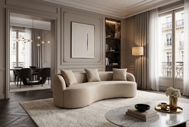 Beżowa sofa ATELIER 230 cm z aksamitną tapicerką i zaokrąglonymi kształtami do salonu