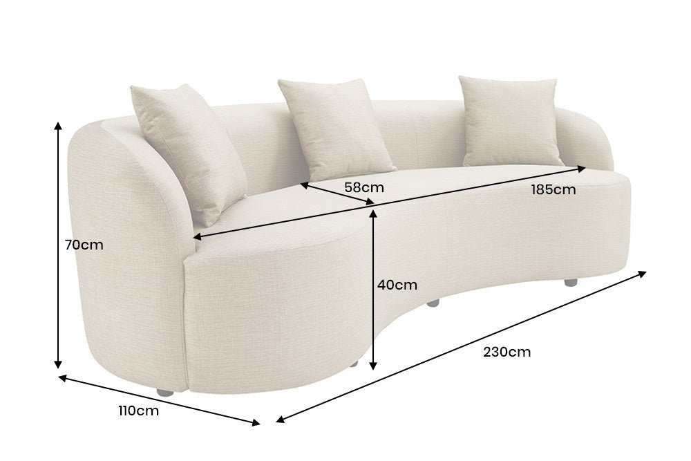 Beżowa sofa ATELIER 230 cm z aksamitną tapicerką i zaokrąglonymi kształtami do salonu