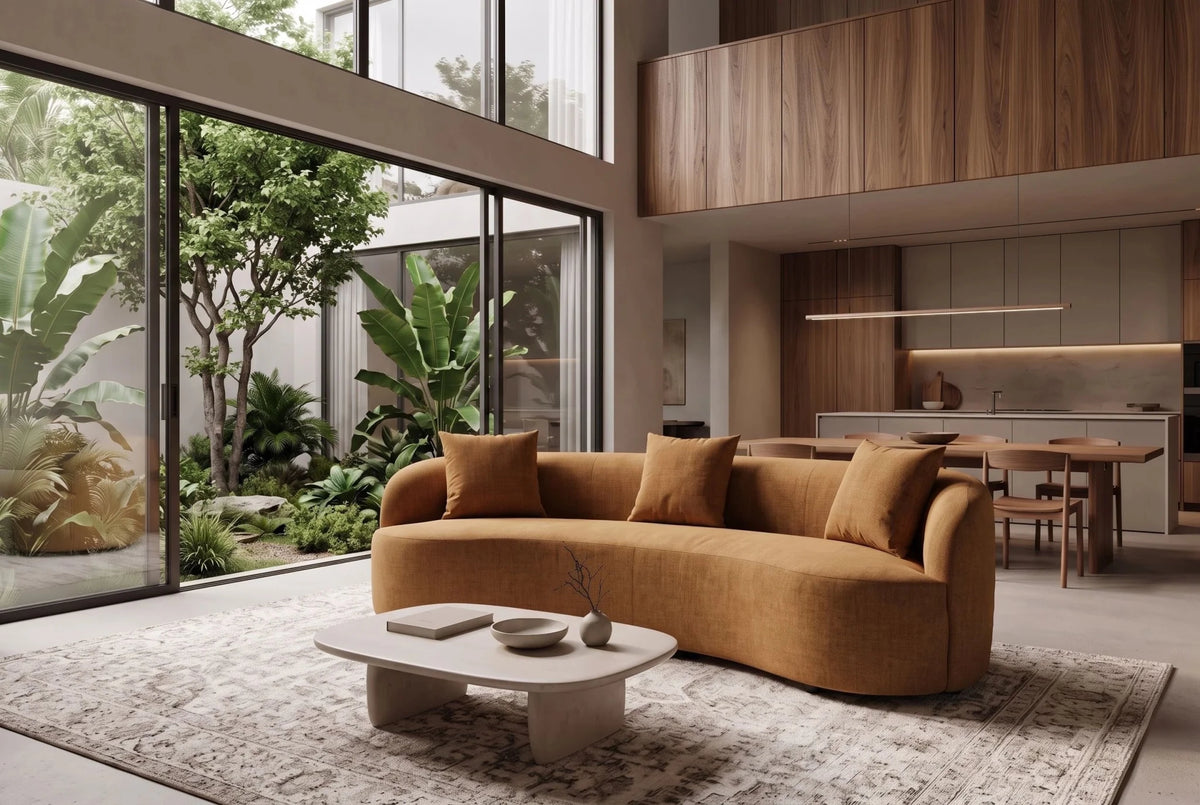 Żółta sofa ATELIER 230 cm z aksamitną tapicerką i zaokrąglonymi kształtami do salonu