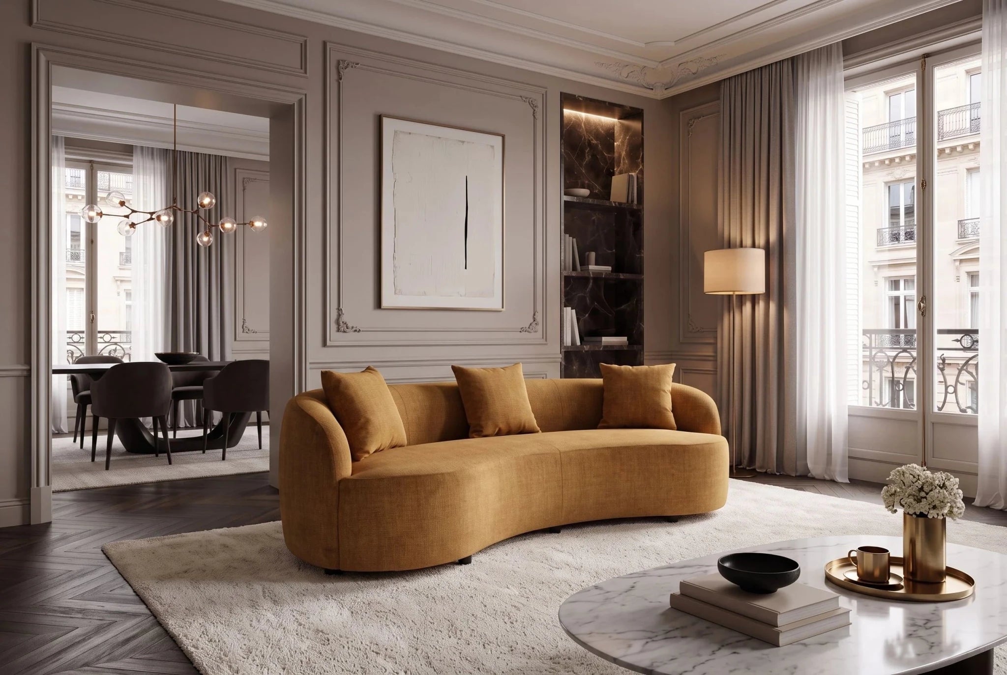 Żółta sofa ATELIER 230 cm z aksamitną tapicerką i zaokrąglonymi kształtami do salonu