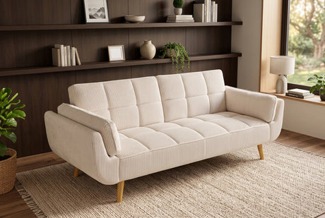 Beżowa sofa BOUTIQUE 215 cm w tkaninie sztruksowej z rozkładanym oparciem i drewnianymi nóżkami