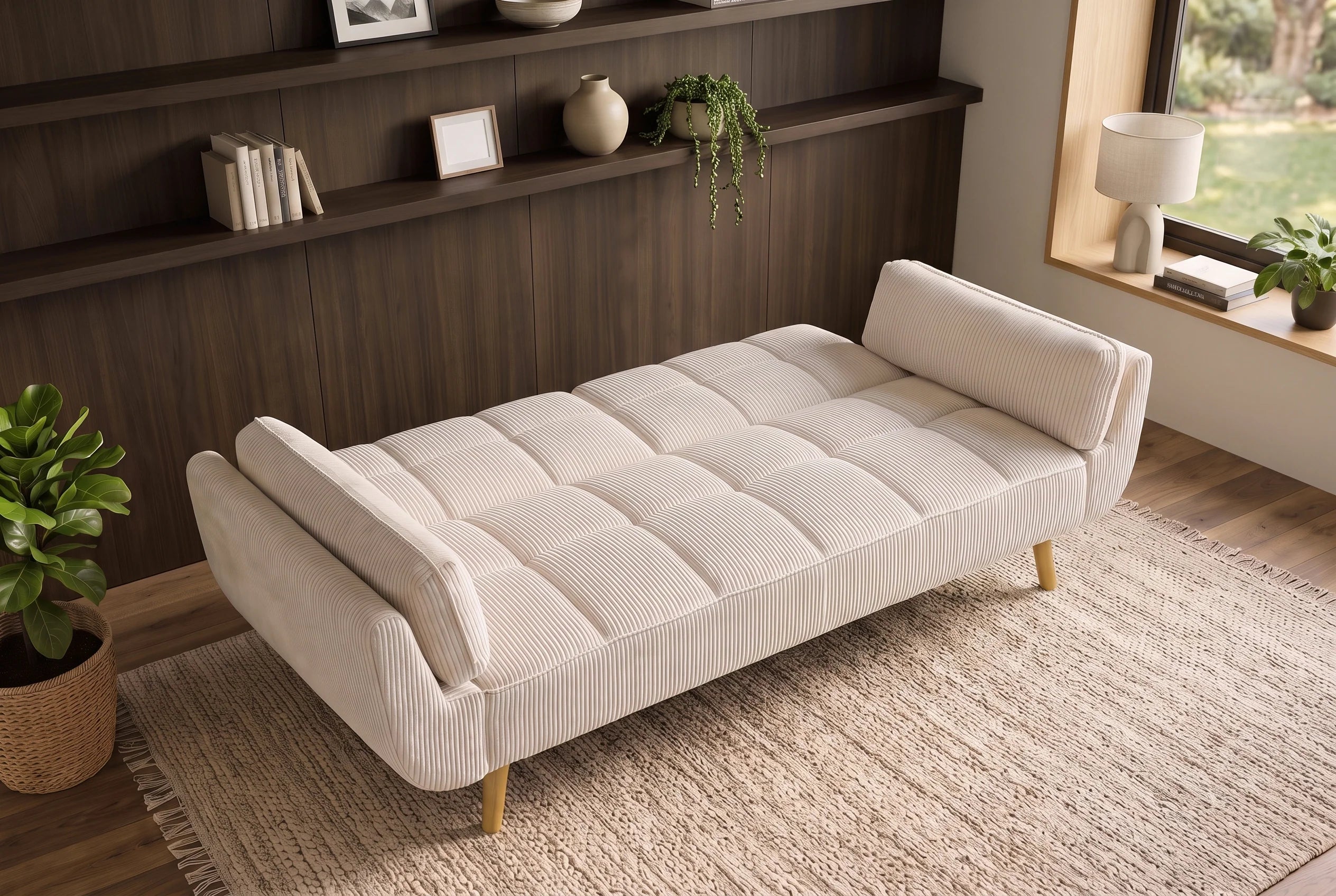Beżowa sofa BOUTIQUE 215 cm w tkaninie sztruksowej z rozkładanym oparciem i drewnianymi nóżkami