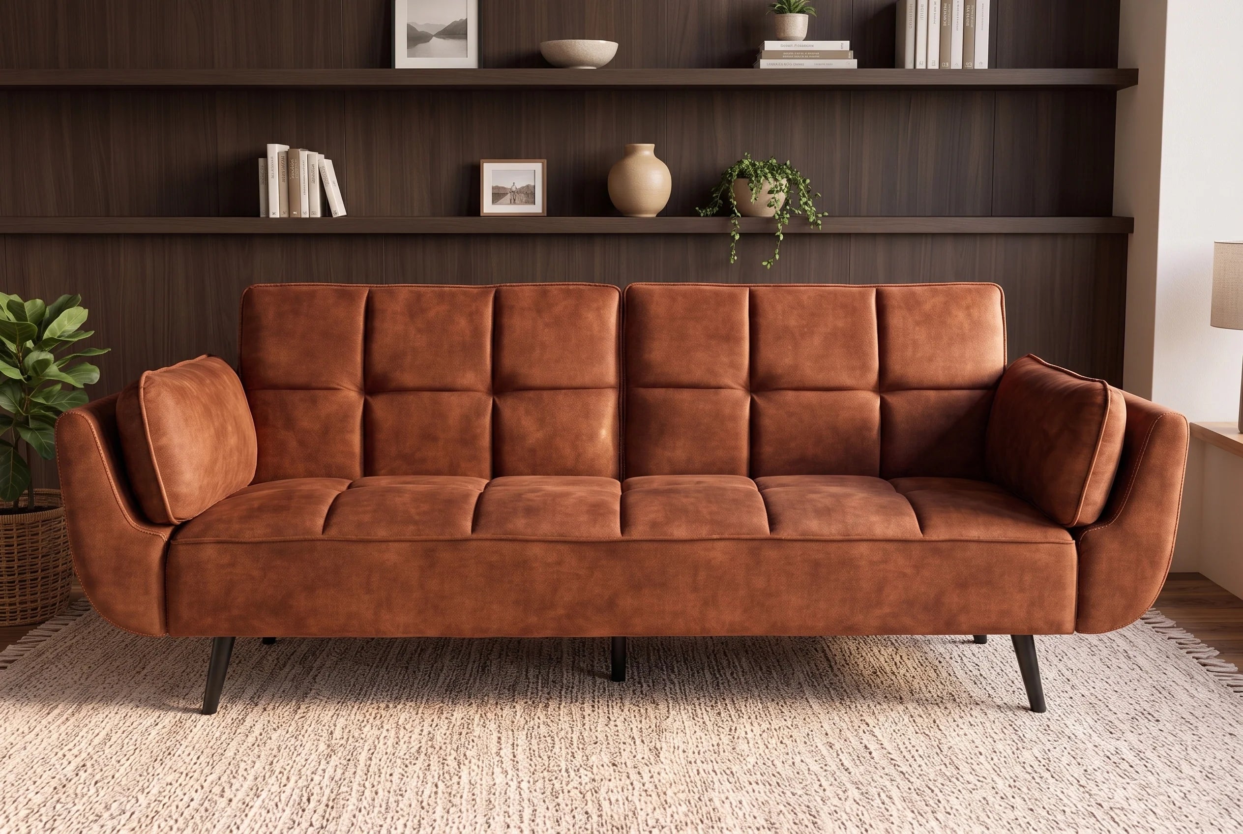 Brązowa sofa BOUTIQUE 215 cm w tkaninie velvet z rozkładanym oparciem i czarnymi metalowymi nóżkami