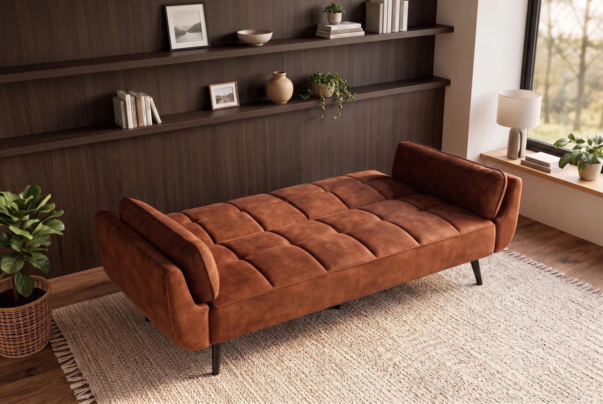 Brązowa sofa BOUTIQUE 215 cm w tkaninie velvet z rozkładanym oparciem i czarnymi metalowymi nóżkami