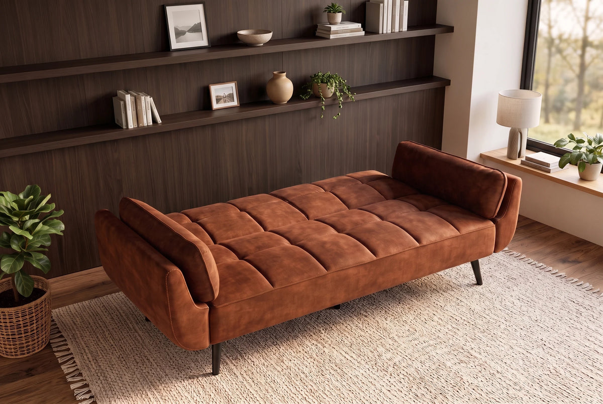 Brązowa sofa BOUTIQUE 215 cm w tkaninie velvet z rozkładanym oparciem i czarnymi metalowymi nóżkami