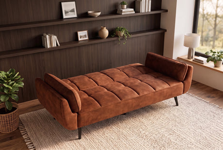 Brązowa sofa BOUTIQUE 215 cm w tkaninie velvet z rozkładanym oparciem i czarnymi metalowymi nóżkami