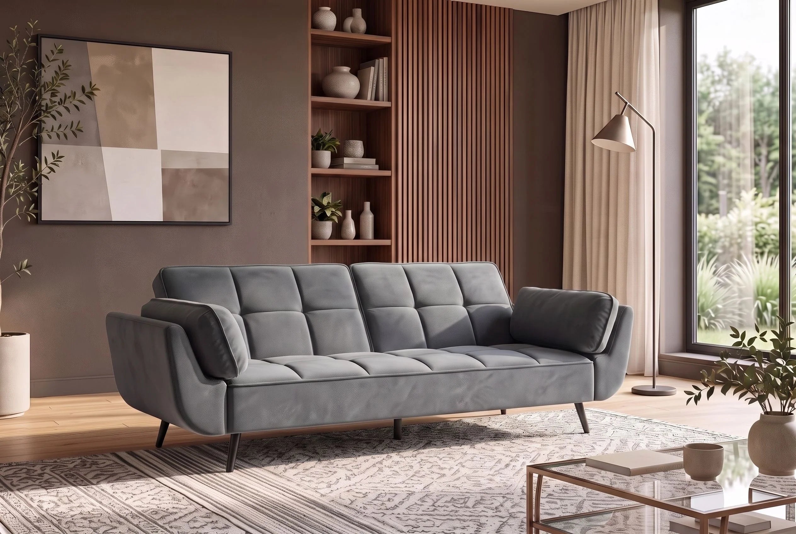 Szara sofa BOUTIQUE z tkaniny velvet z rozkładanym oparciem i metalowymi nóżkami do nowoczesnego salonu