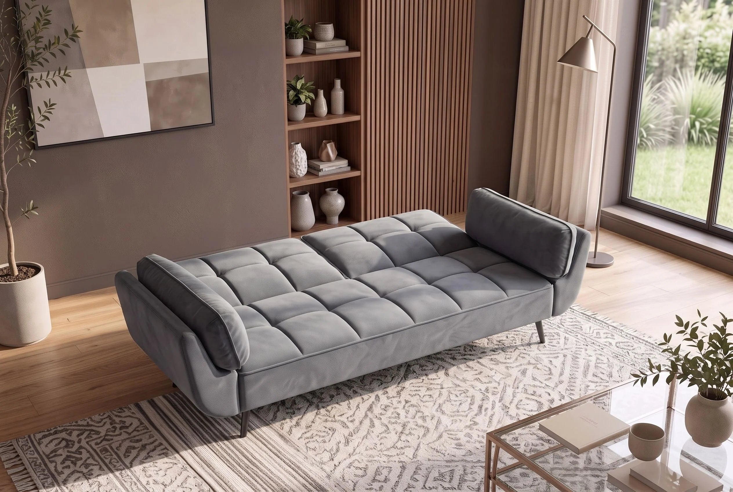 Szara sofa BOUTIQUE z tkaniny velvet z rozkładanym oparciem i metalowymi nóżkami do nowoczesnego salonu