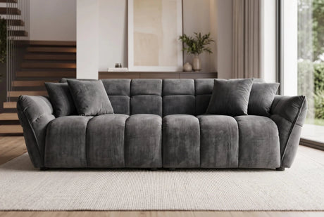 Ciemnoszara sofa CLOUD w tkaninie velvet o zaokrąglonej formie do nowoczesnego salonu