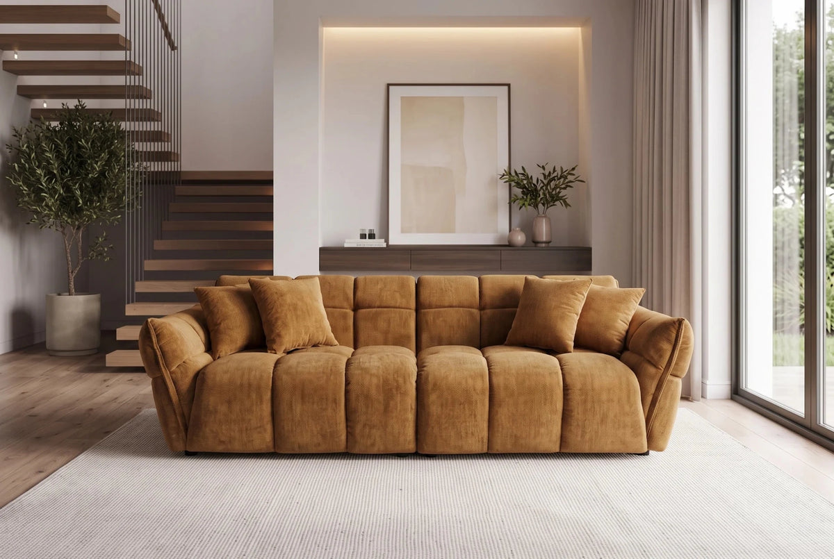 Żółta sofa CLOUD w tkaninie velvet o zaokrąglonej formie do nowoczesnego salonu