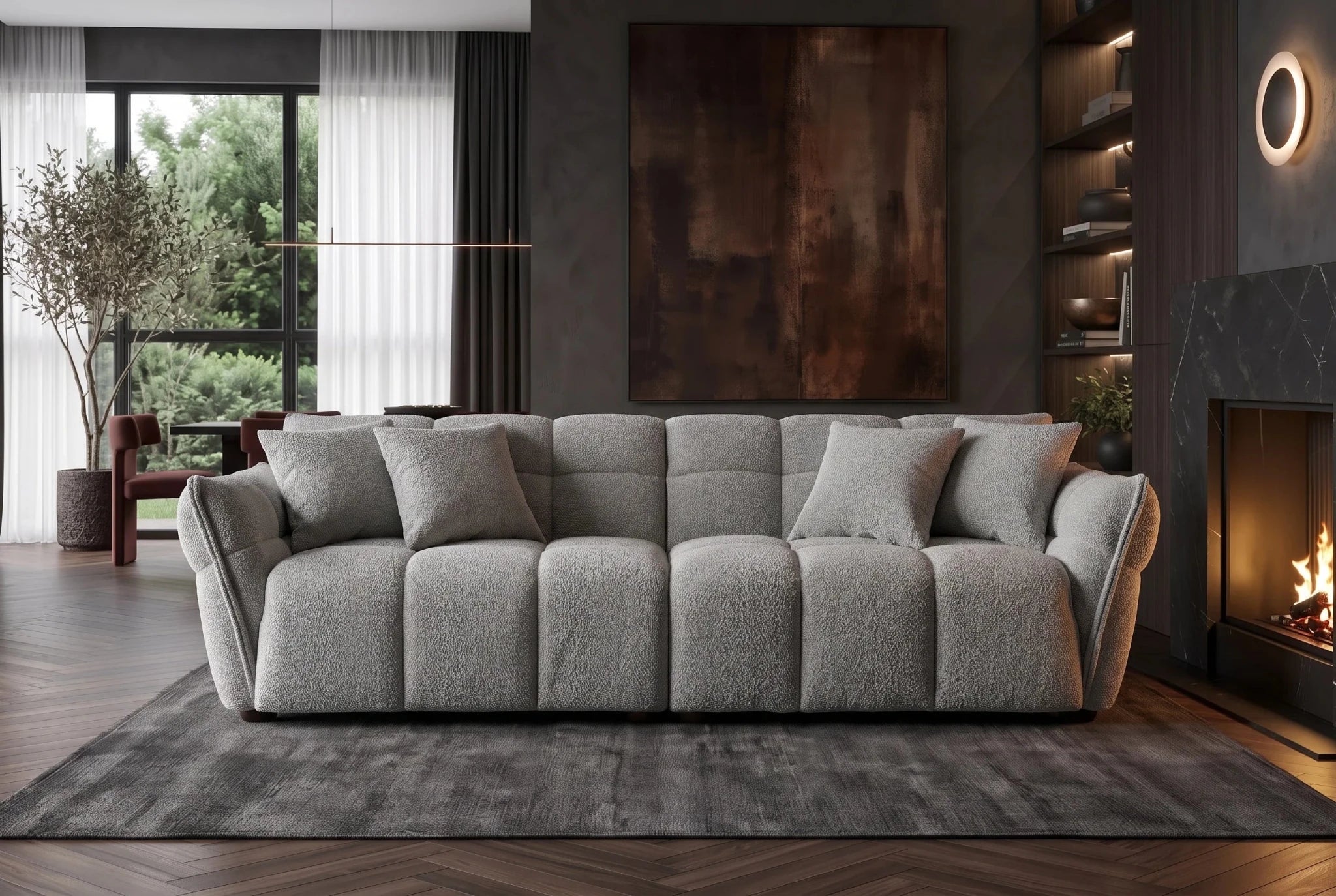 Szara sofa CLOUD w tkaninie bouclé o miękkiej zaokrąglonej formie do nowoczesnego salonu