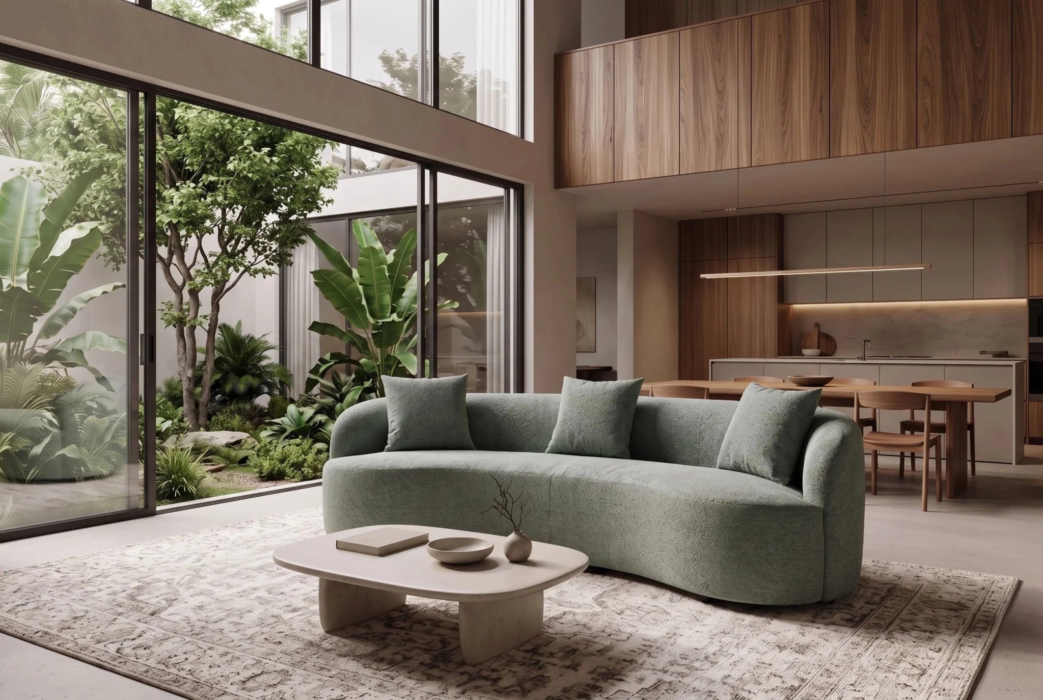 Zielona sofa ATELIER 230 cm 3-osobowa w tkaninie bouclé o zaokrąglonych kształtach