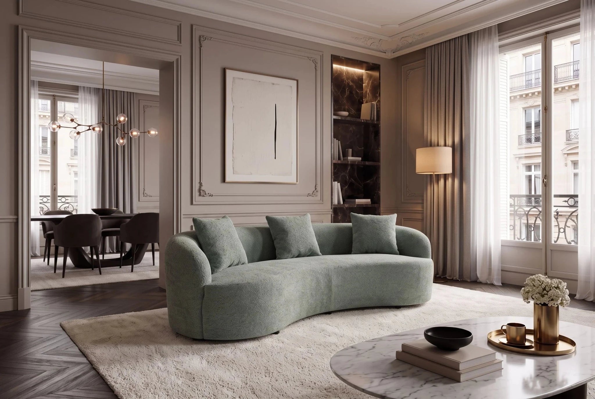 Zielona sofa ATELIER 230 cm 3-osobowa w tkaninie bouclé o zaokrąglonych kształtach