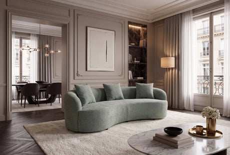 Zielona sofa ATELIER 230 cm 3-osobowa w tkaninie bouclé o zaokrąglonych kształtach