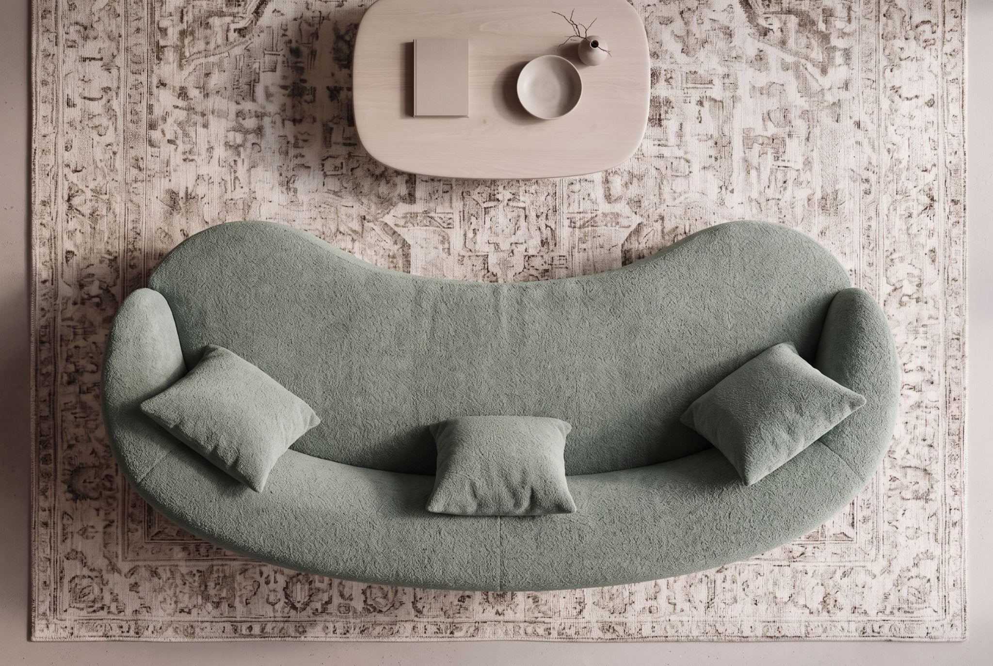 Zielona sofa ATELIER 230 cm 3-osobowa w tkaninie bouclé o zaokrąglonych kształtach