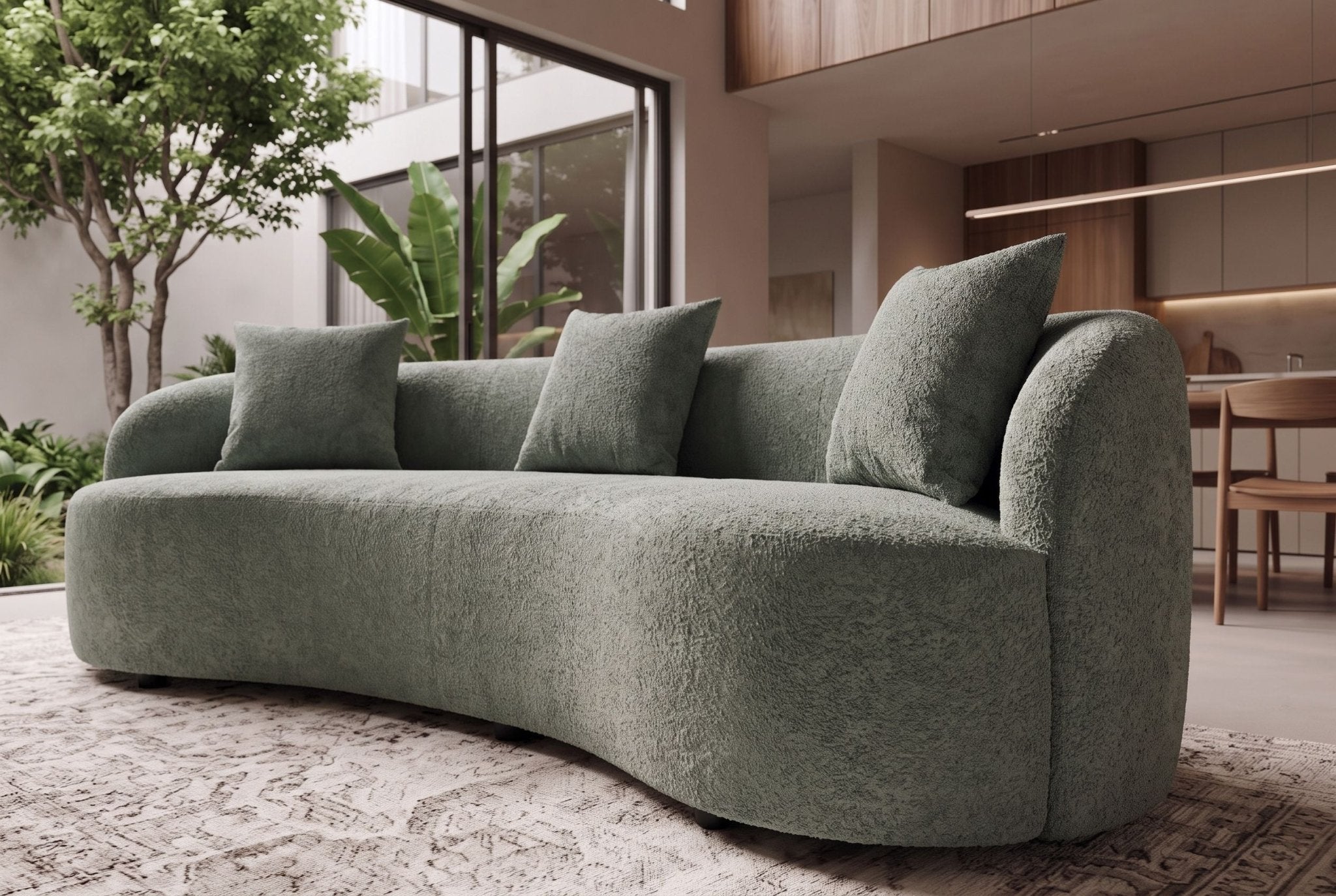 Zielona sofa ATELIER 230 cm 3-osobowa w tkaninie bouclé o zaokrąglonych kształtach