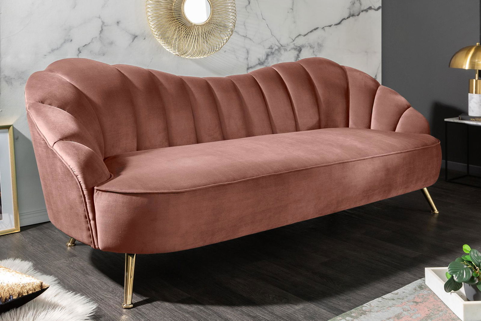 Sofa Arielle 220 cm różowy aksamit / 40750 / INVICTA INTERIOR
