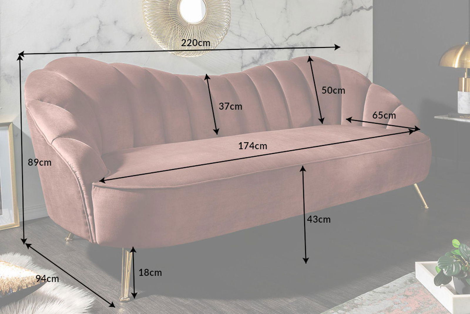 Sofa Arielle 220 cm różowy aksamit / 40750 / INVICTA INTERIOR