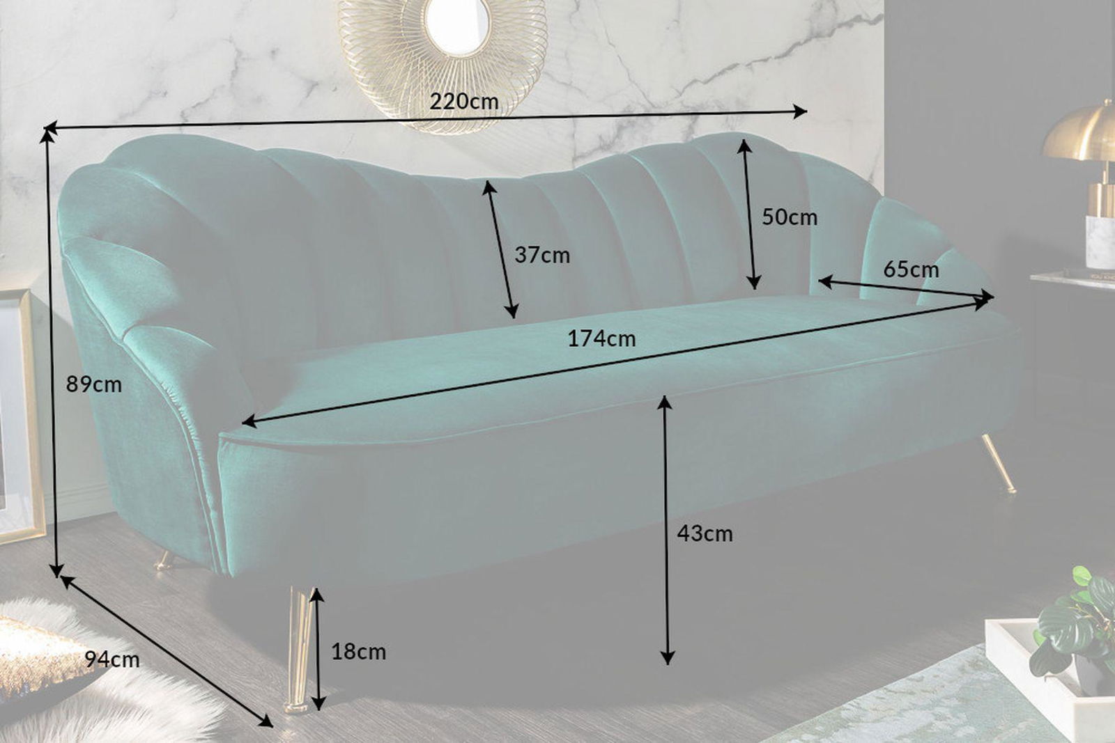 Sofa Arielle 220 cm turkusowy aksamit / 40752 / INVICTA INTERIOR