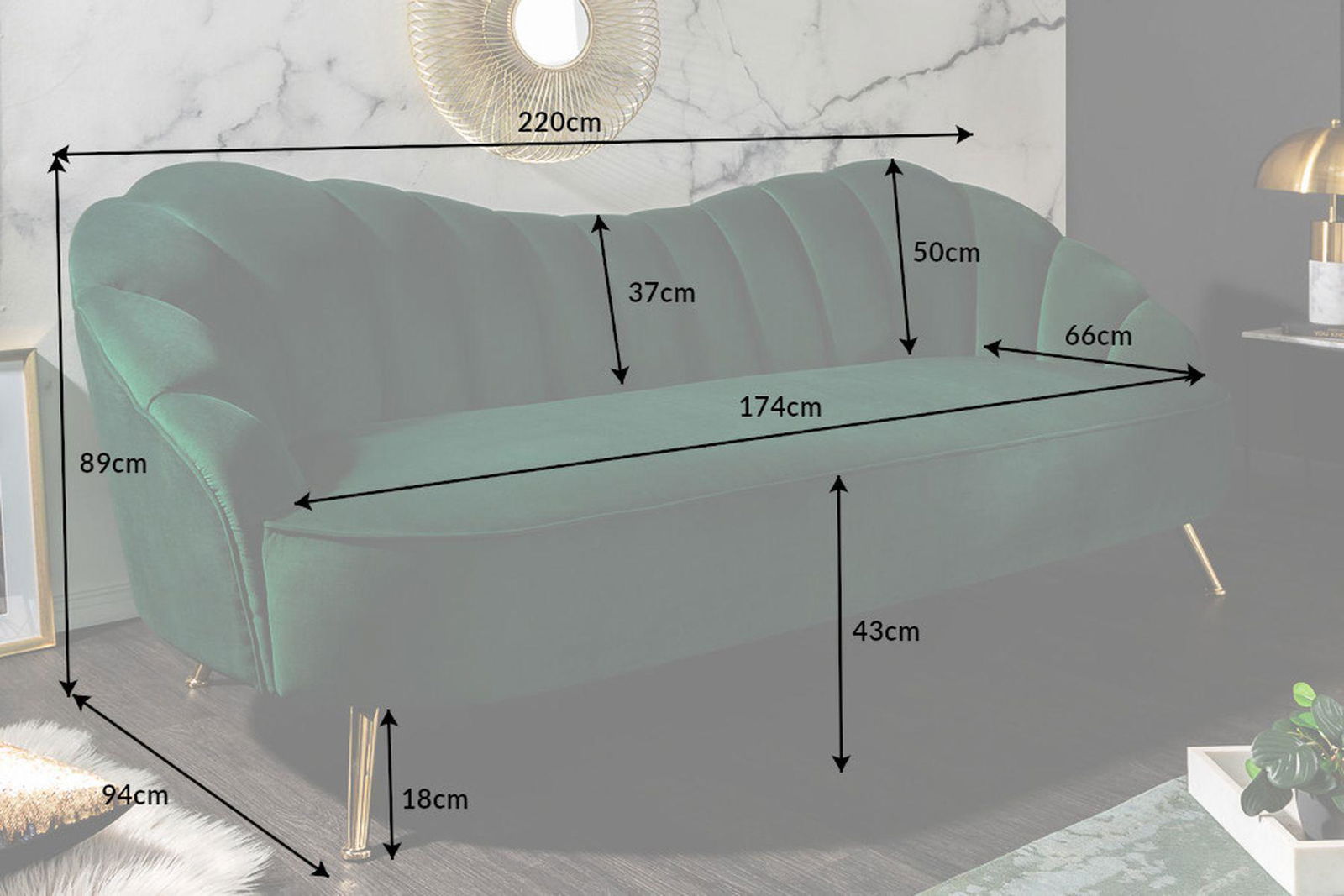 Sofa Arielle 220 cm zielony aksamit / 40749 / INVICTA INTERIOR